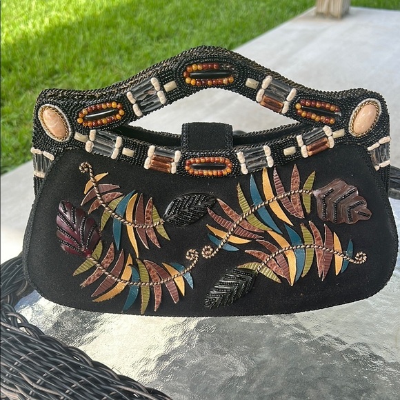 Mary Frances Vintage Beaded Handbag Black Suede Boho Leaf Design – Missing Beads - Picture 1 of 10